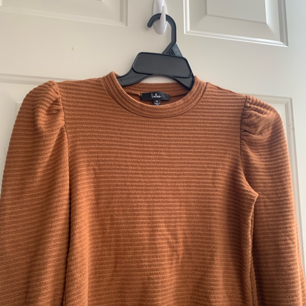 Lulu's Rust Ribbed Puff Sleeve Blouse - Picture 8 of 13